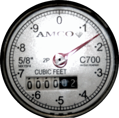 One revolution of the water meter sweep hand (the dial pointing between 1 and 2) equals 1 cubic foot or 7.48 gallons.